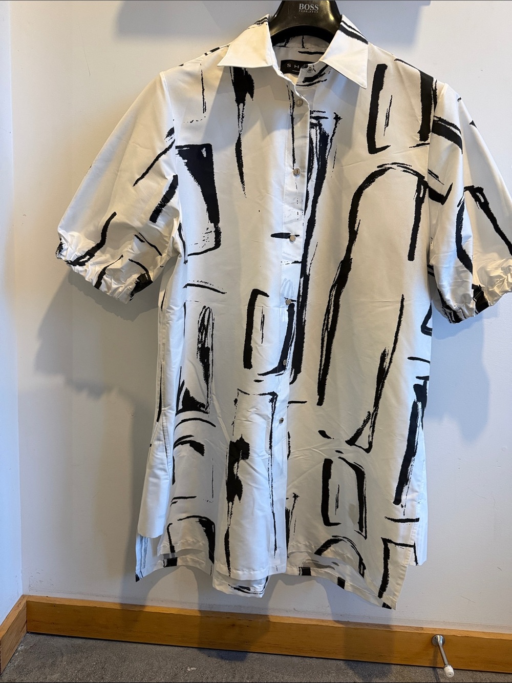 SHAN White Shirt with Black Abstract Brushstroke Print
